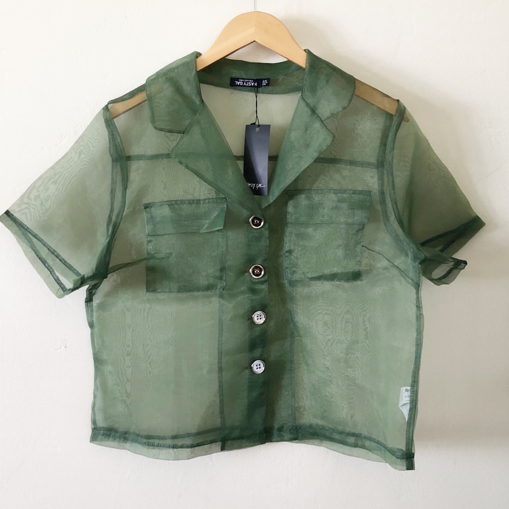 NASTY GAL Sheer Green Top with Gold Bu…